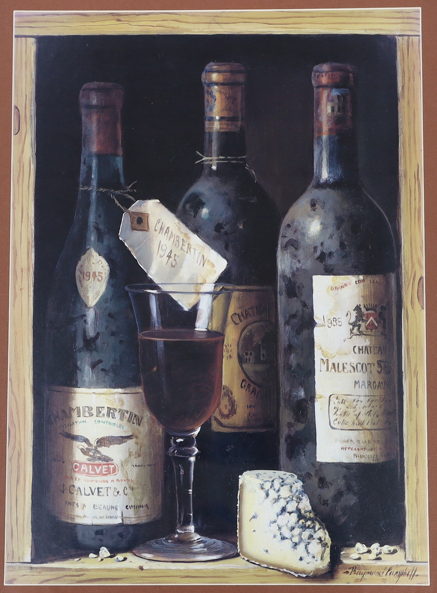 Raymond Campbell (b.1956), set of three colour prints, Still lifes of wine and port, housed in pine frames, 59 x 44cm